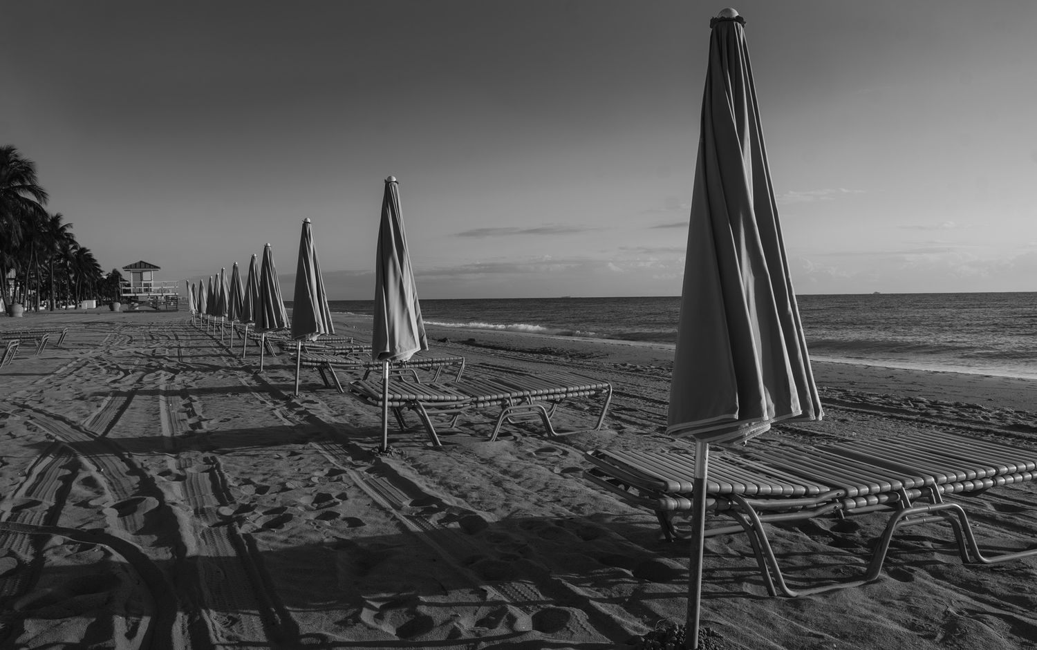 Empty beach chairs and closed umbrellas on a deserted sandy beach at sunrise in black and white.