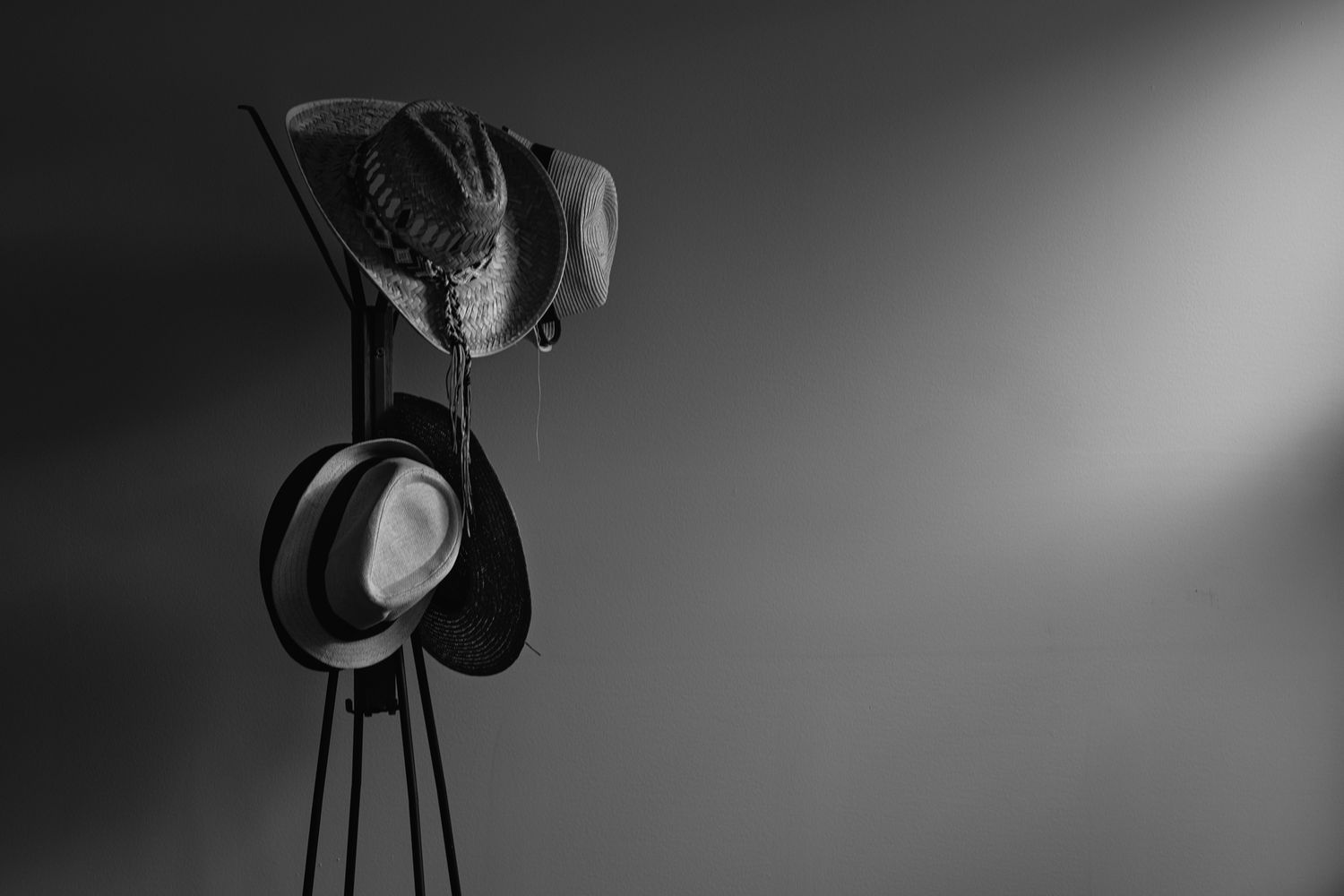 Monochrome image of straw and felt hats displayed on a sleek black coat stand.