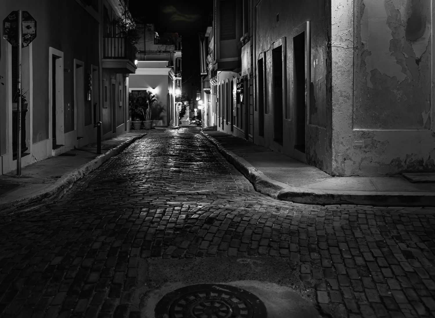 Black and white night photography of a narrow cobblestone alley with glowing street lights.