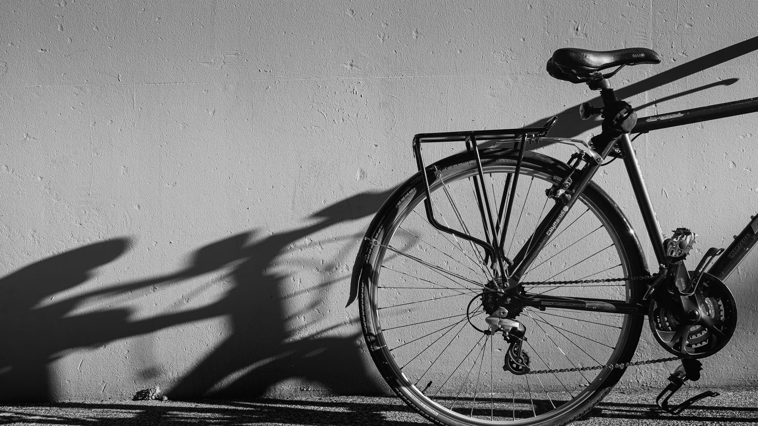 Black and white photo of a bicycle leaning against a wall casting a dramatic shadow.