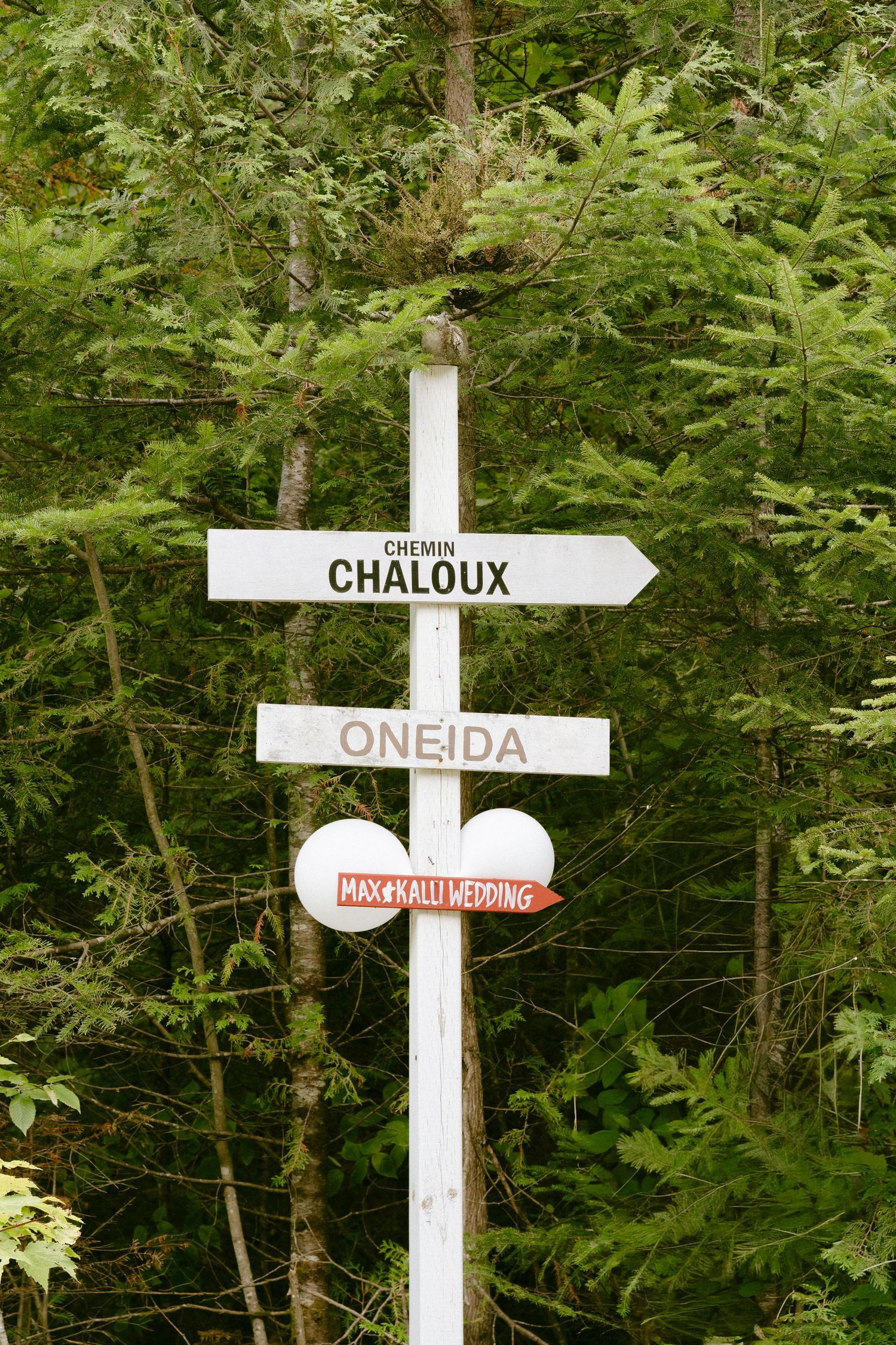 Rustic wooden directional sign pointing to Chemin Chaloux, Oneida, and Max and Kalli Wedding surrounded by lush green trees.