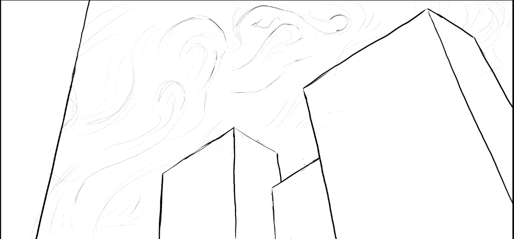 Two compositions of a few tall buildings from a worms-eye view. Line art.