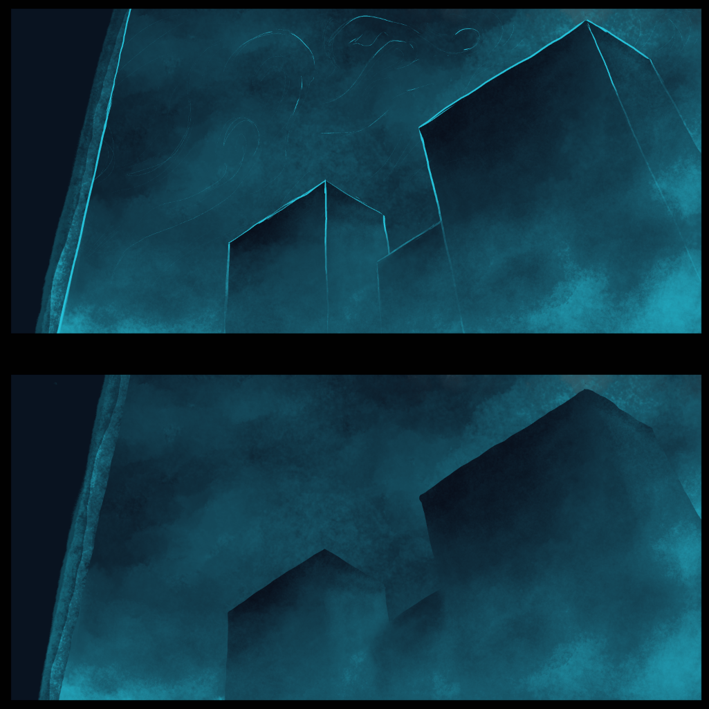 Two compositions of a few tall buildings from a worms-eye view. In a bright neon blue and dark blue color palette
