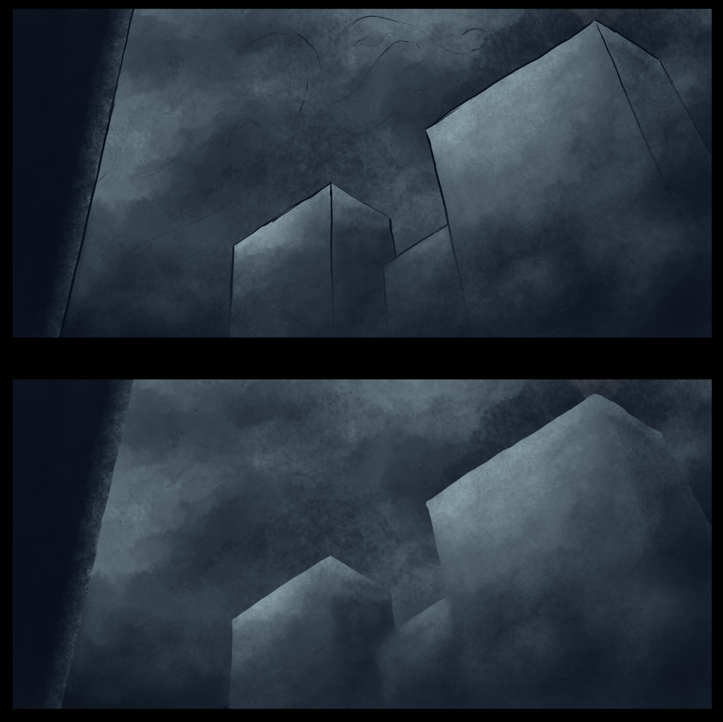 Two compositions of a few tall buildings from a worms-eye view. In a blue-grey color palette.