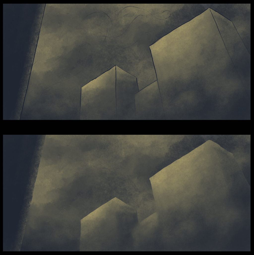 Two compositions of a few tall buildings from a worms-eye view. In a yellow and grey color palette.