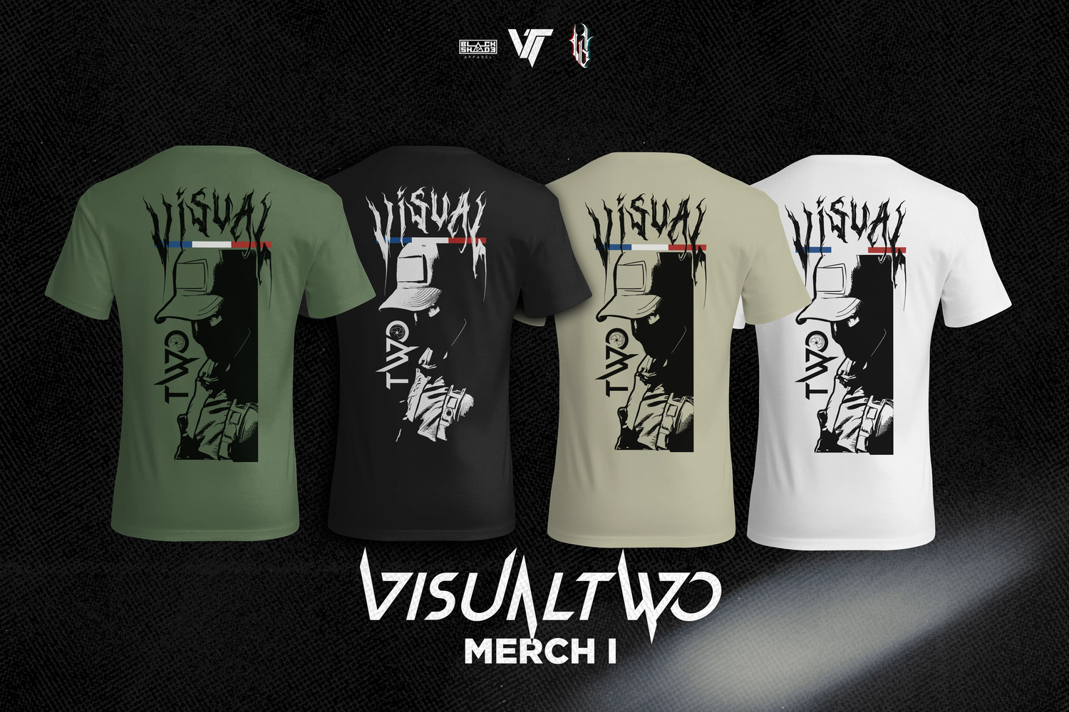 Four VisualTwo Merch I t-shirts in olive, black, cream, and white, featuring bold graphic prints on the back.