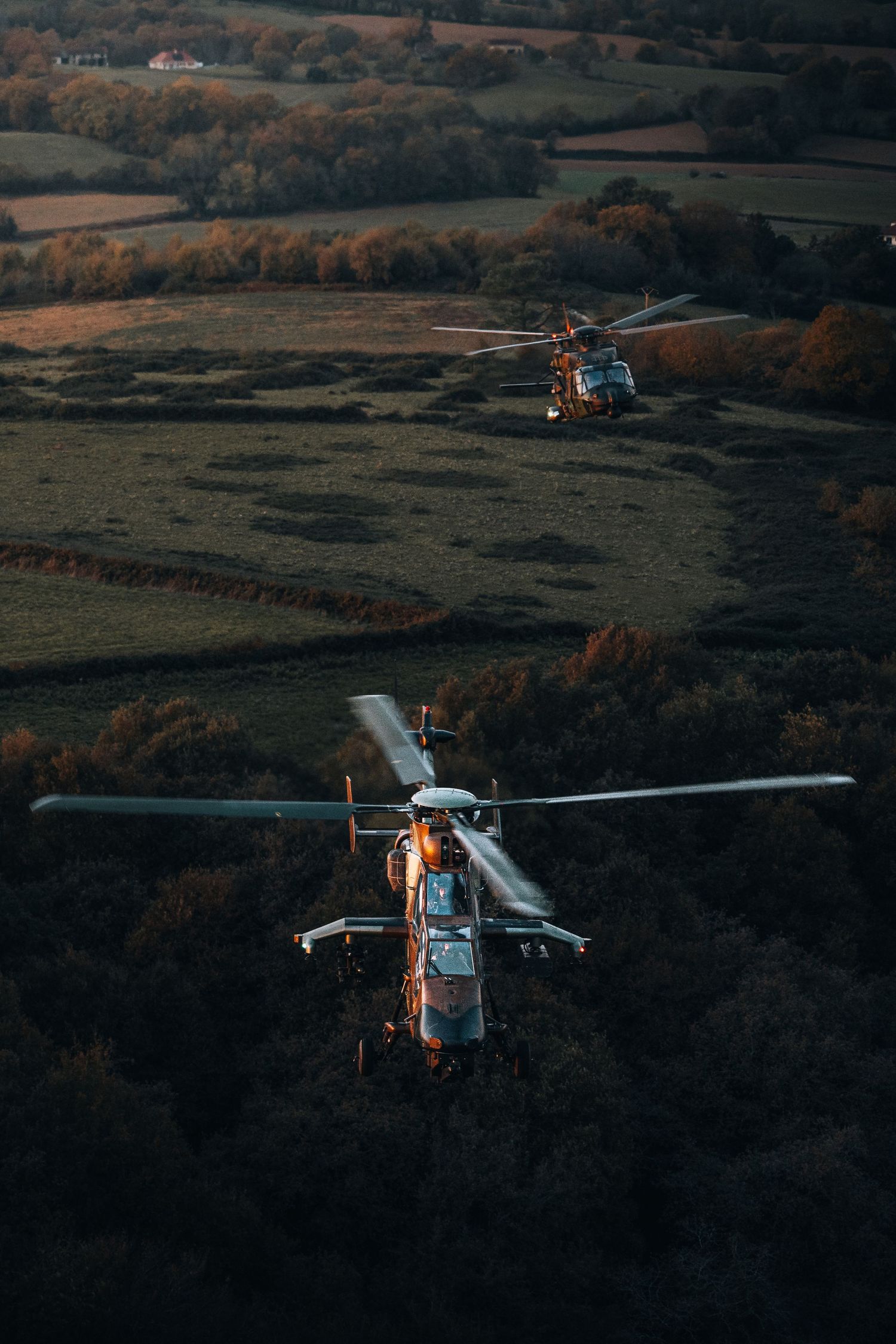 Two military helicopters flying in formation low over autumn countryside fields and forests.