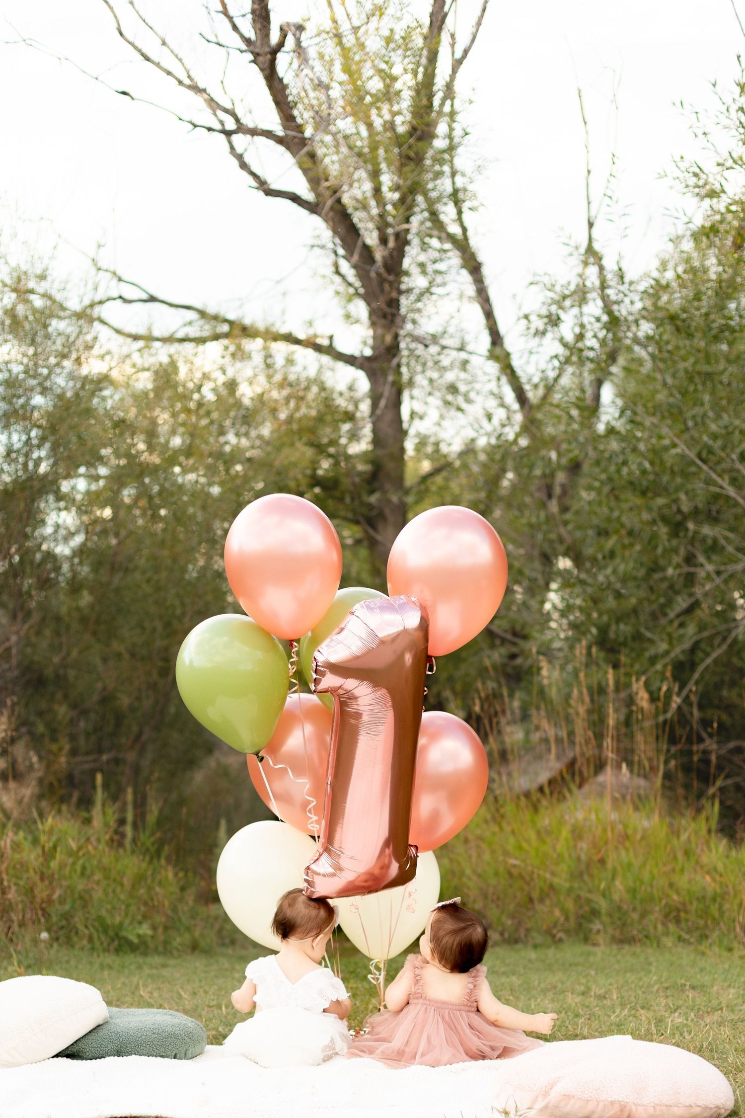 Two baby girls sitting on blanket facing large bouquet of pink and green number one balloons outdoors.