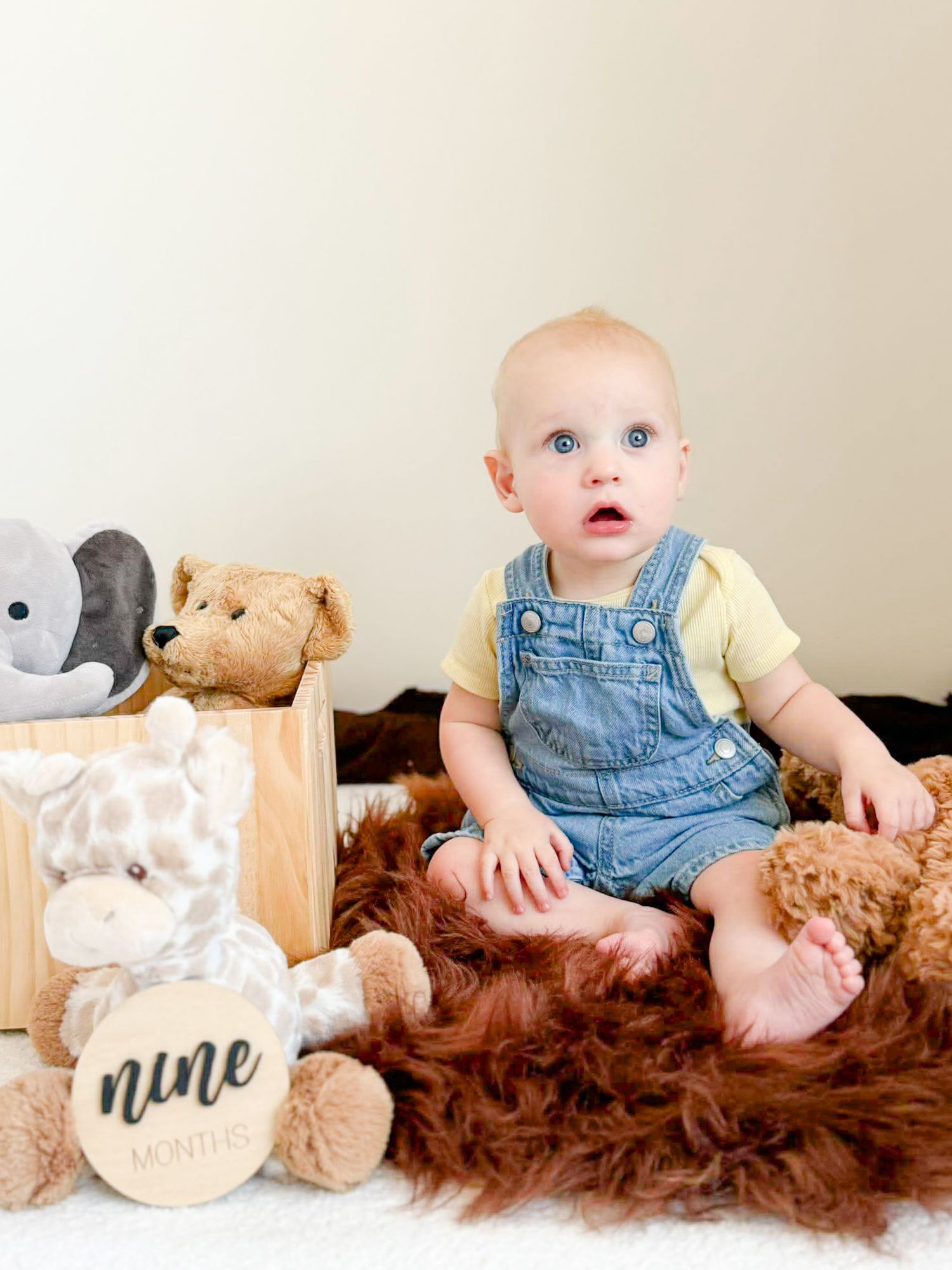 Blue-eyed baby in denim overalls sitting with stuffed animals and nine months milestone sign.