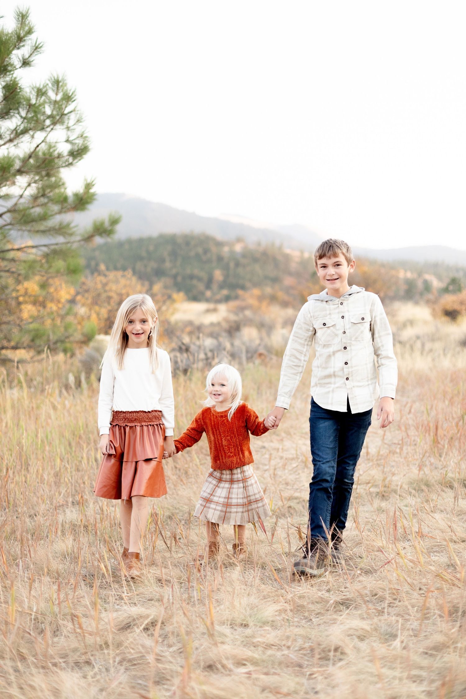 Three children holding hands while walking through a golden autumn meadow with mountain views.