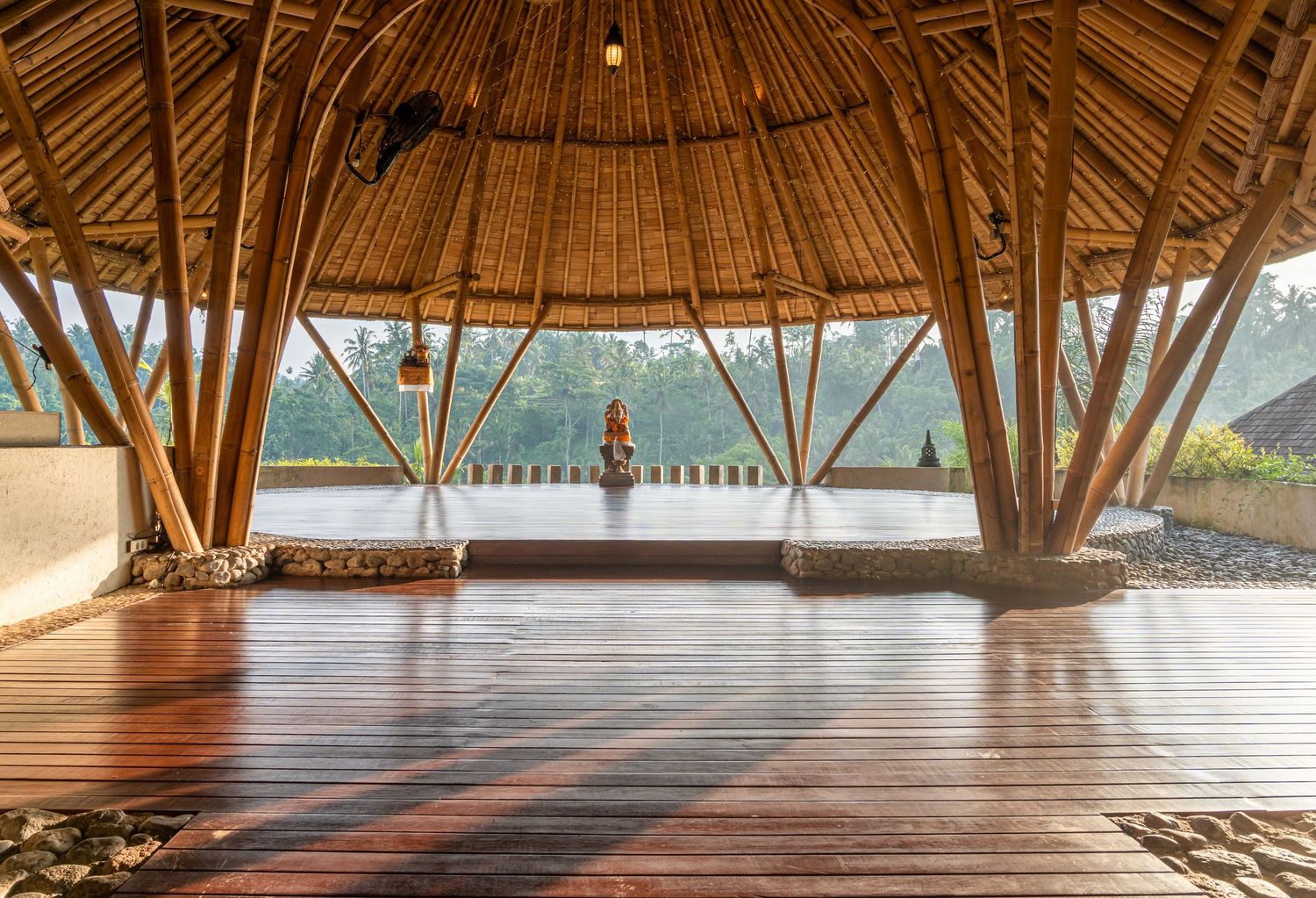 Calm yoga studio with natural light and peaceful atmosphere.