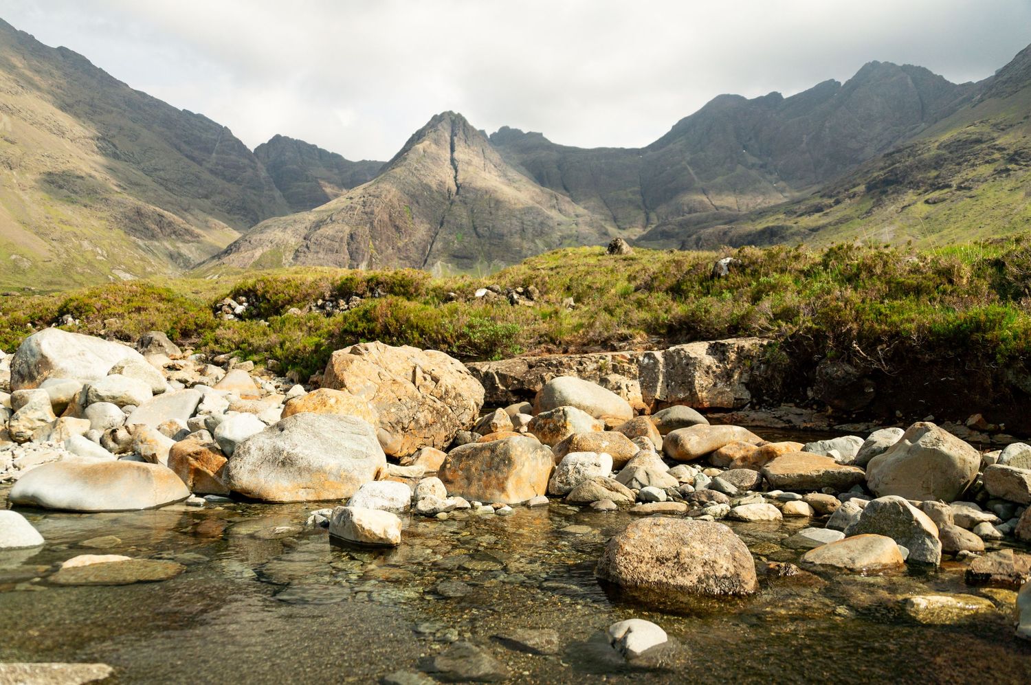 Fairy Pools in Scotland with clear blue water and rocky landscape.