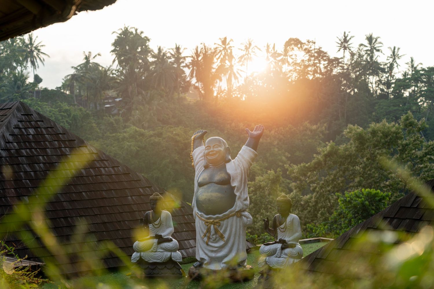 Buddha statue with warm sunlight shining from above.