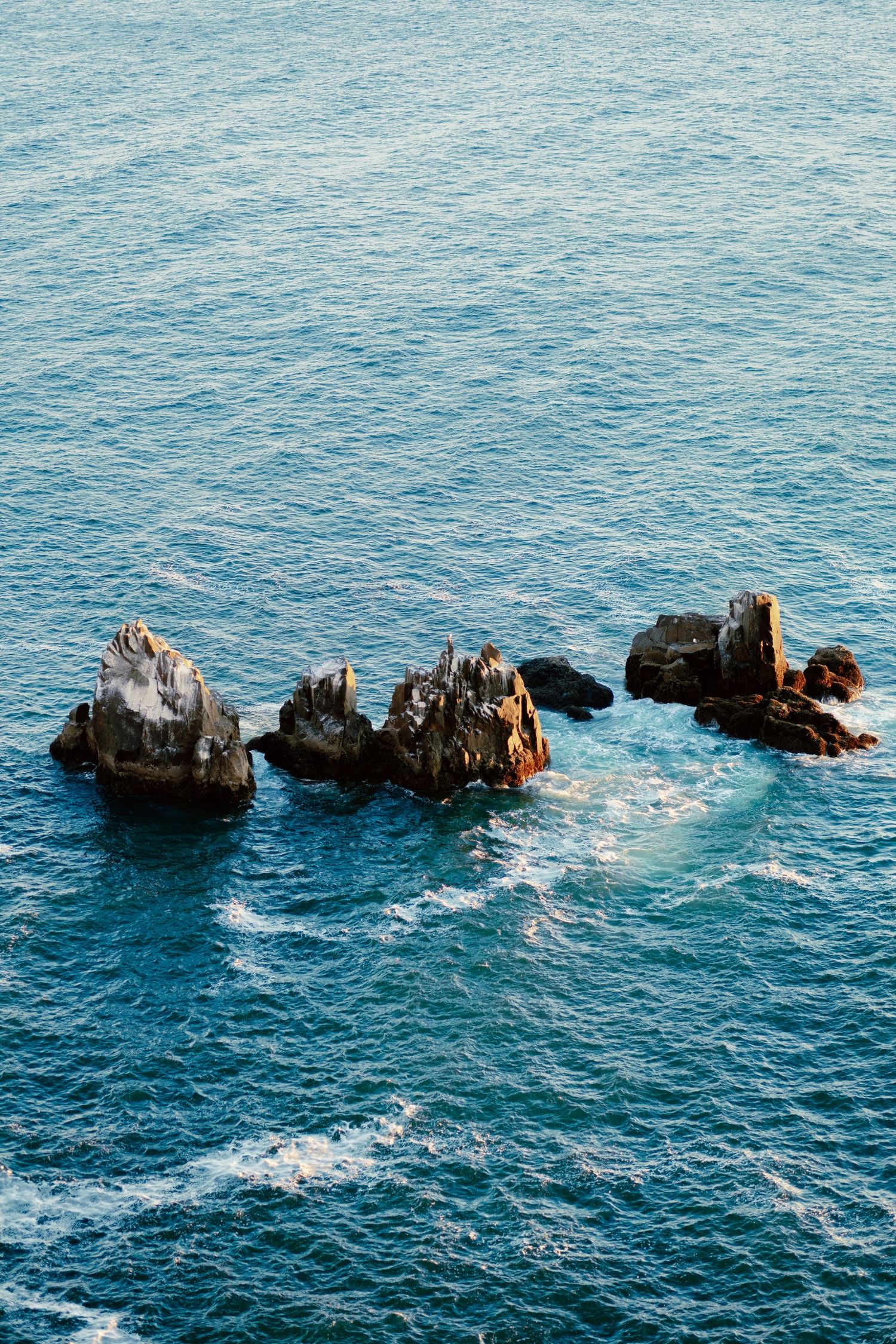 Rocky outcrops emerge from blue ocean waves, with seabirds perched on jagged coastal rocks surrounded by churning sea water.
