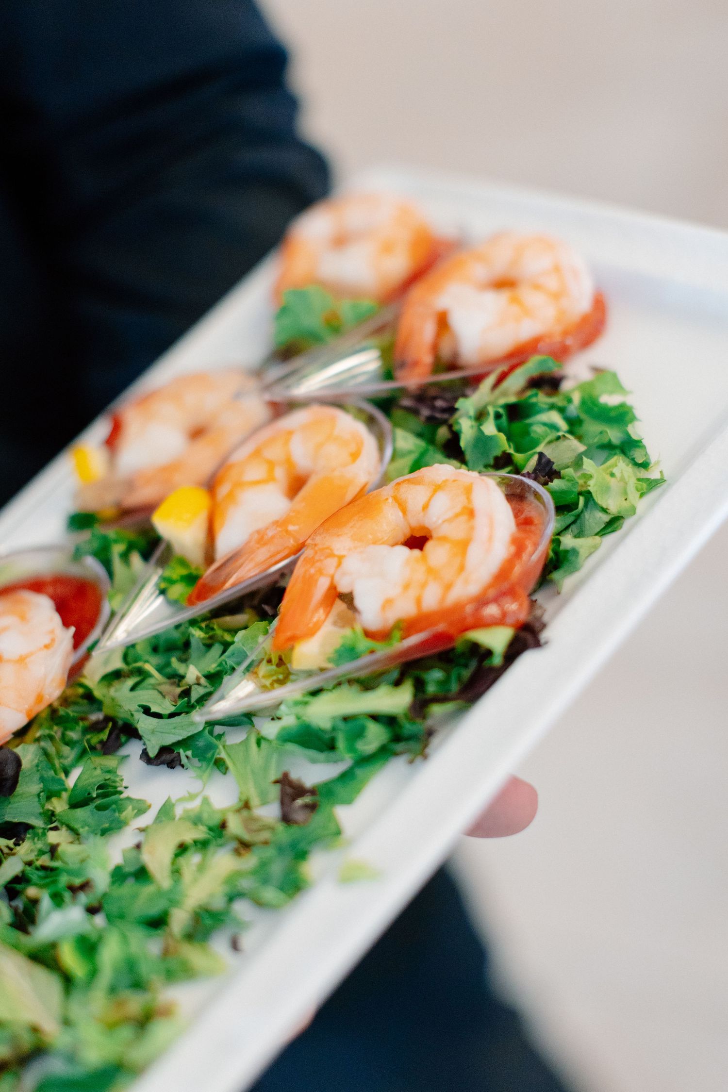 Elegant shrimp cocktail appetizer platter with fresh greens and cocktail sauce served at a catered event.