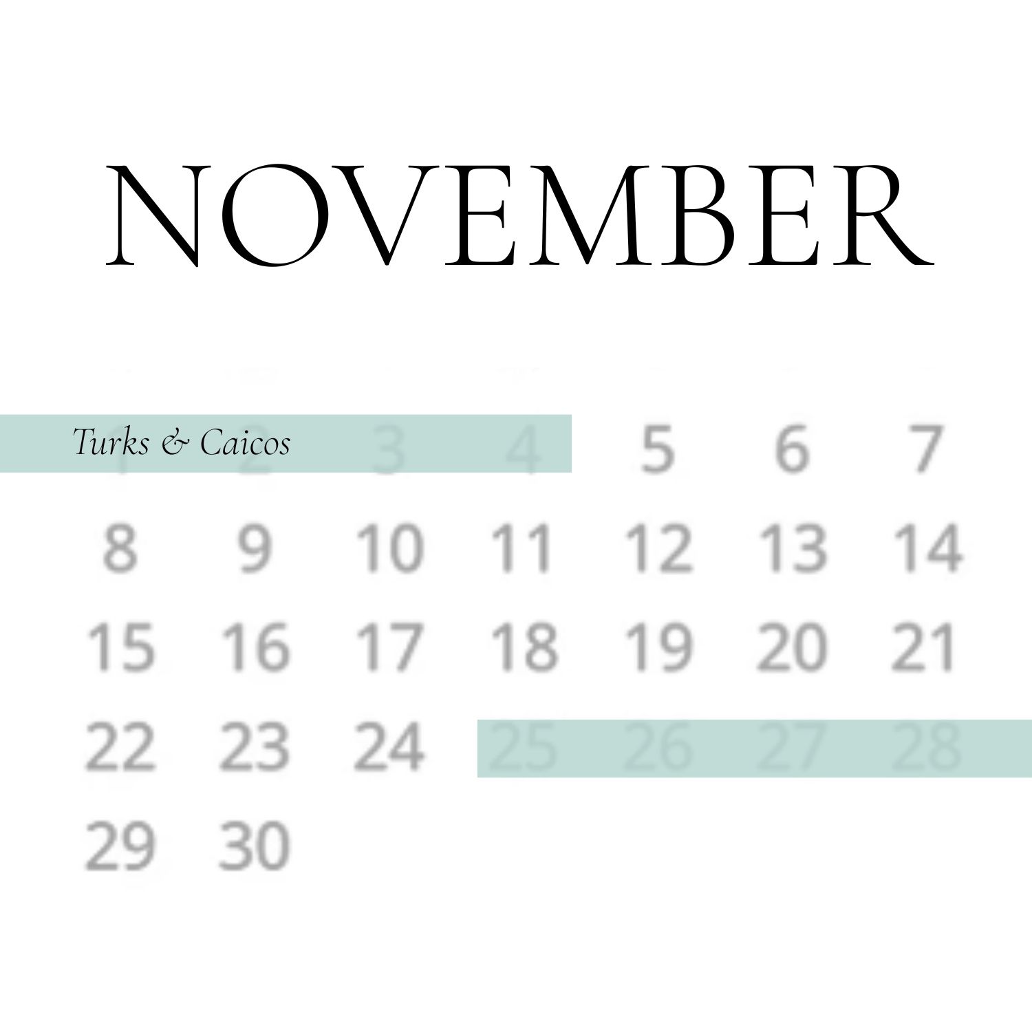 November calendar highlighting Turks & Caicos travel dates, with days 25-28 marked in mint green.