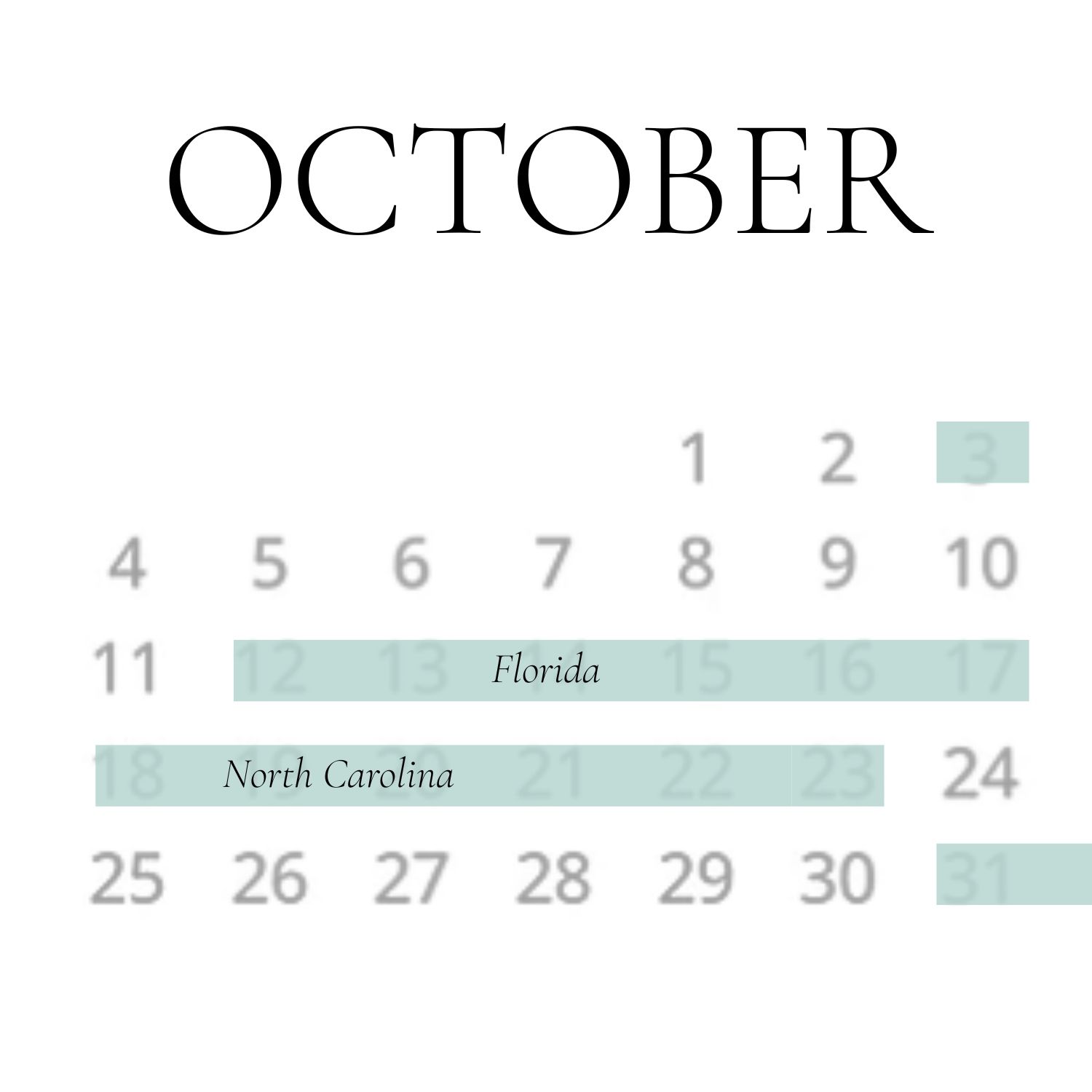 October calendar highlighting Florida dates Oct 12-17 and North Carolina dates Oct 18-23 in teal.
