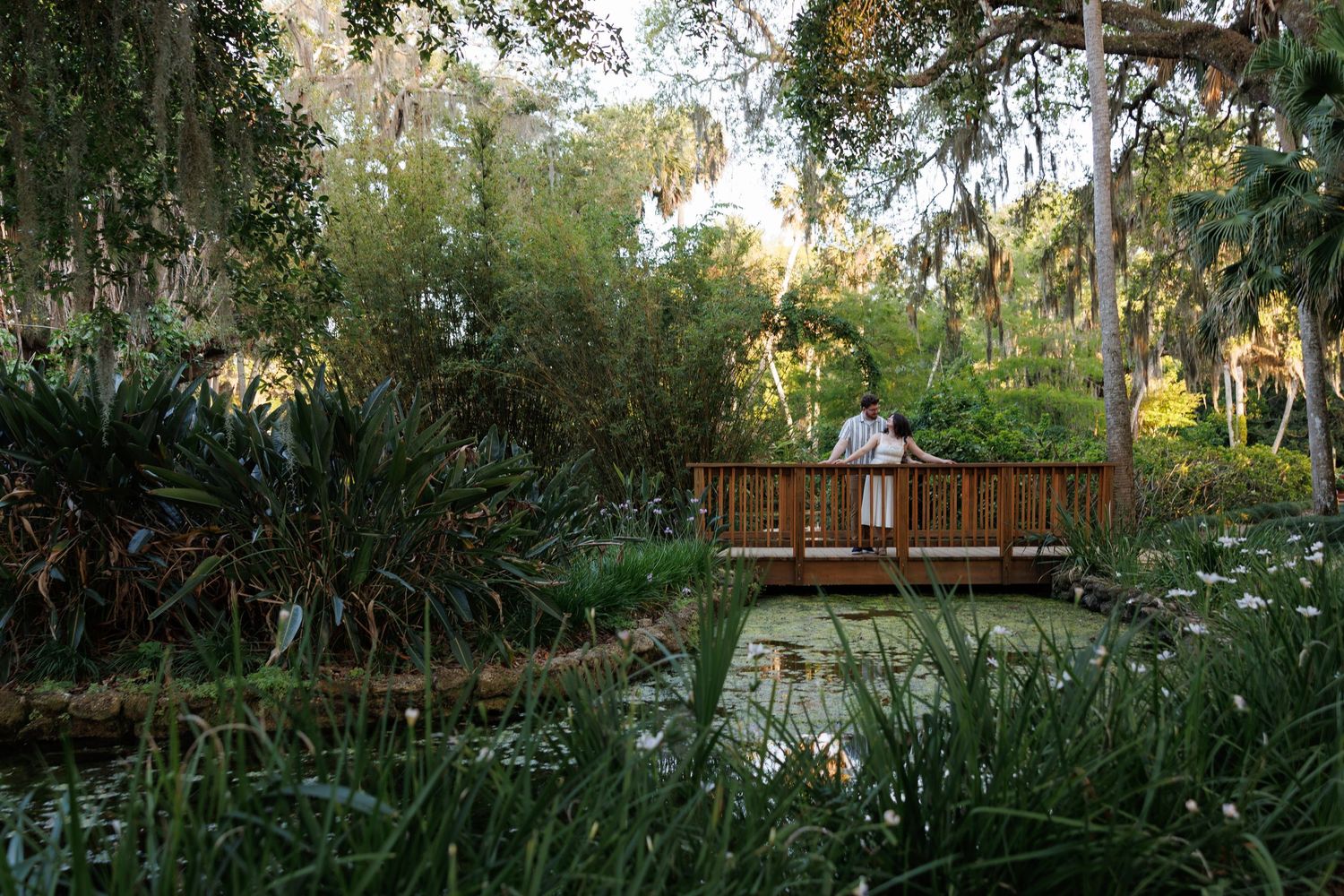 Couple standing on a wooden bridge surrounded by lush greenery and a tranquil pond at Washington oaks state park in Jacksonville, florida.