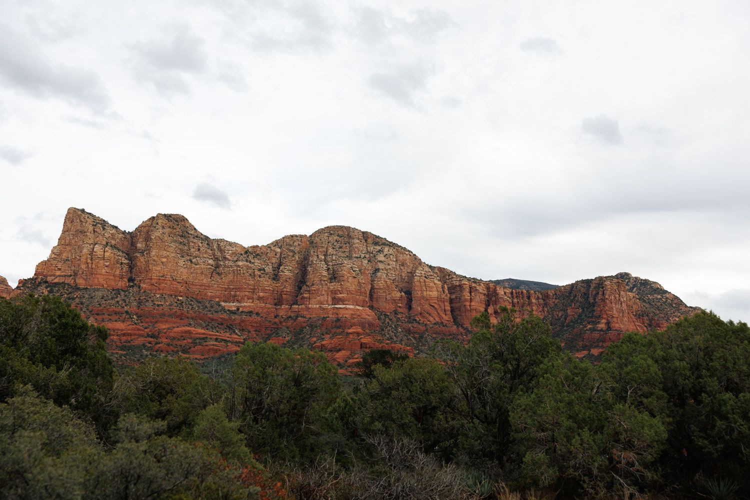 Dramatic red rock buttes and cliffs of Sedona Arizona surrounded by lush green desert trees.