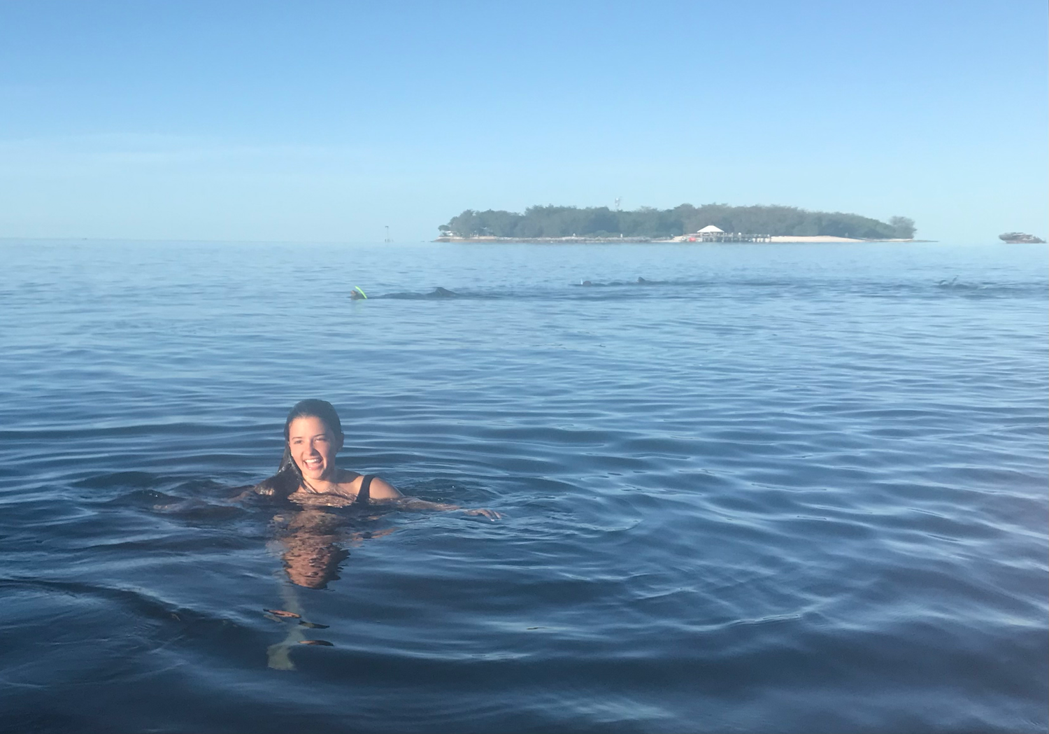 Person swimming in calm blue ocean waters with a small tropical island visible in the background on a clear sunny day.