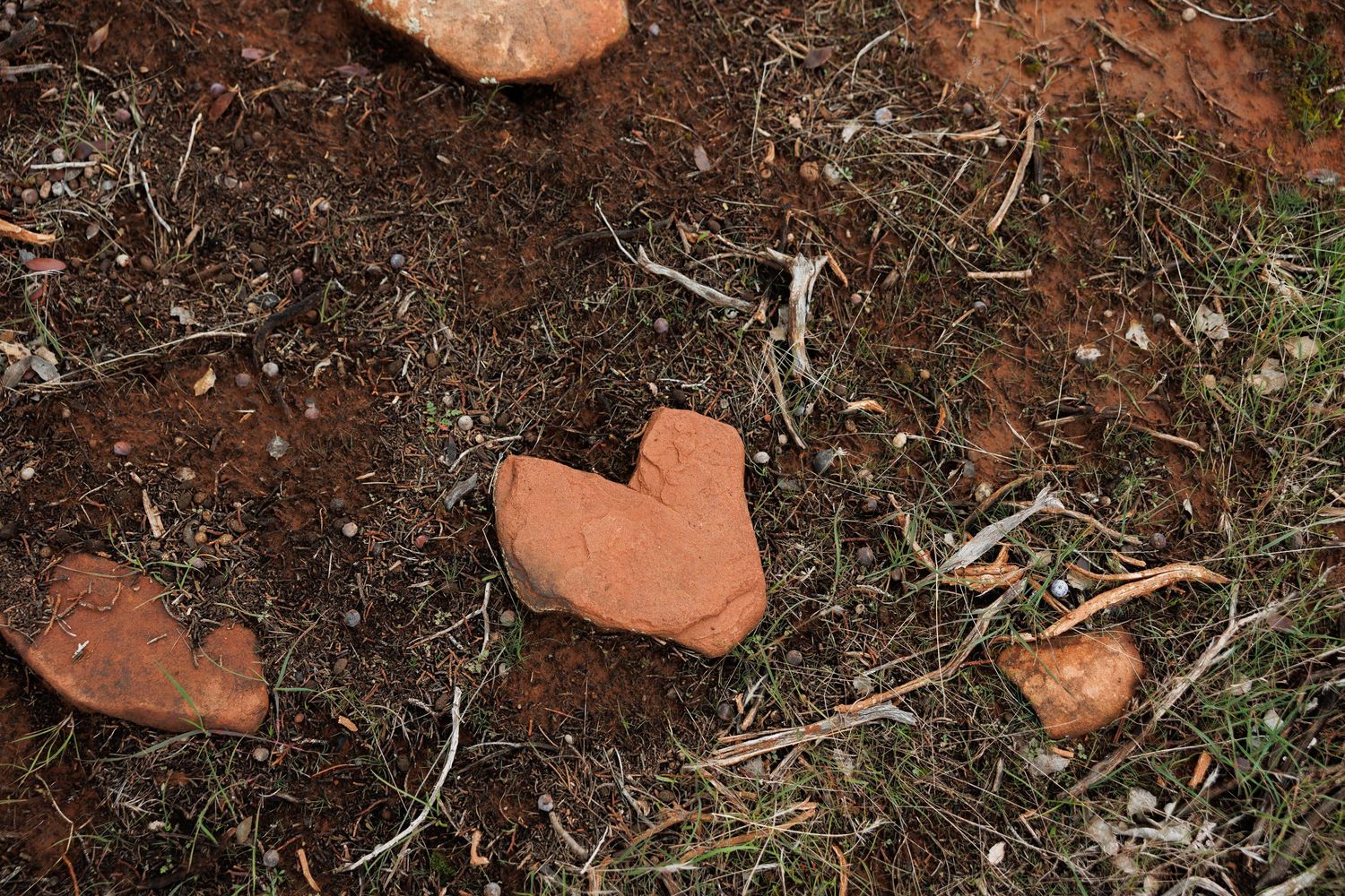 Heart-shaped red rock stone resting naturally on desert soil in Sedona Arizona.