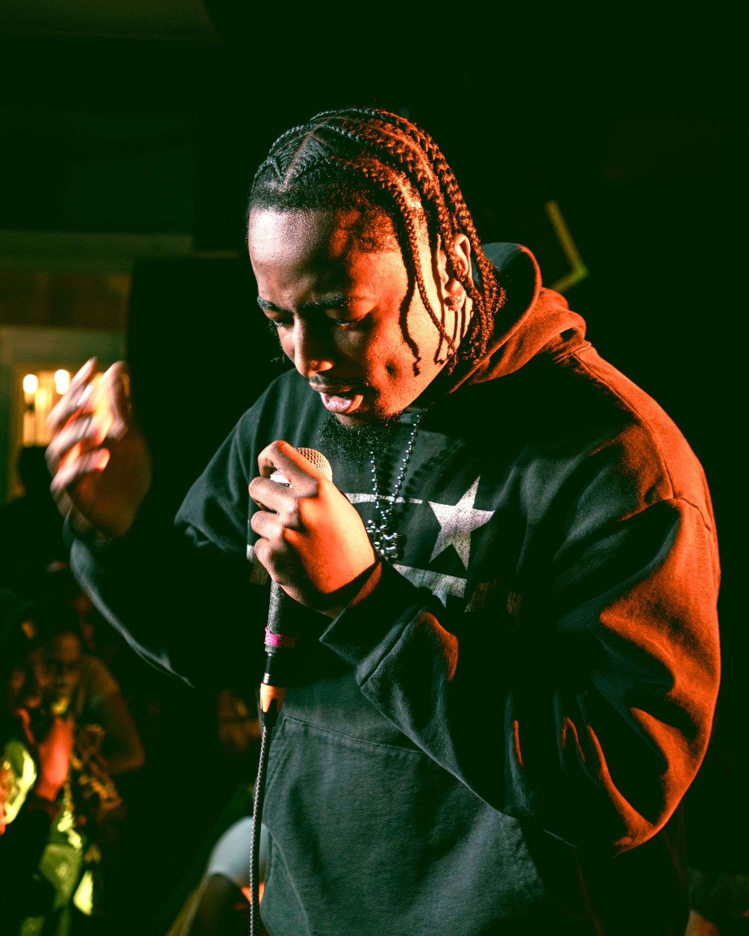 Concert performer in dark clothing singing on dimly lit stage.
