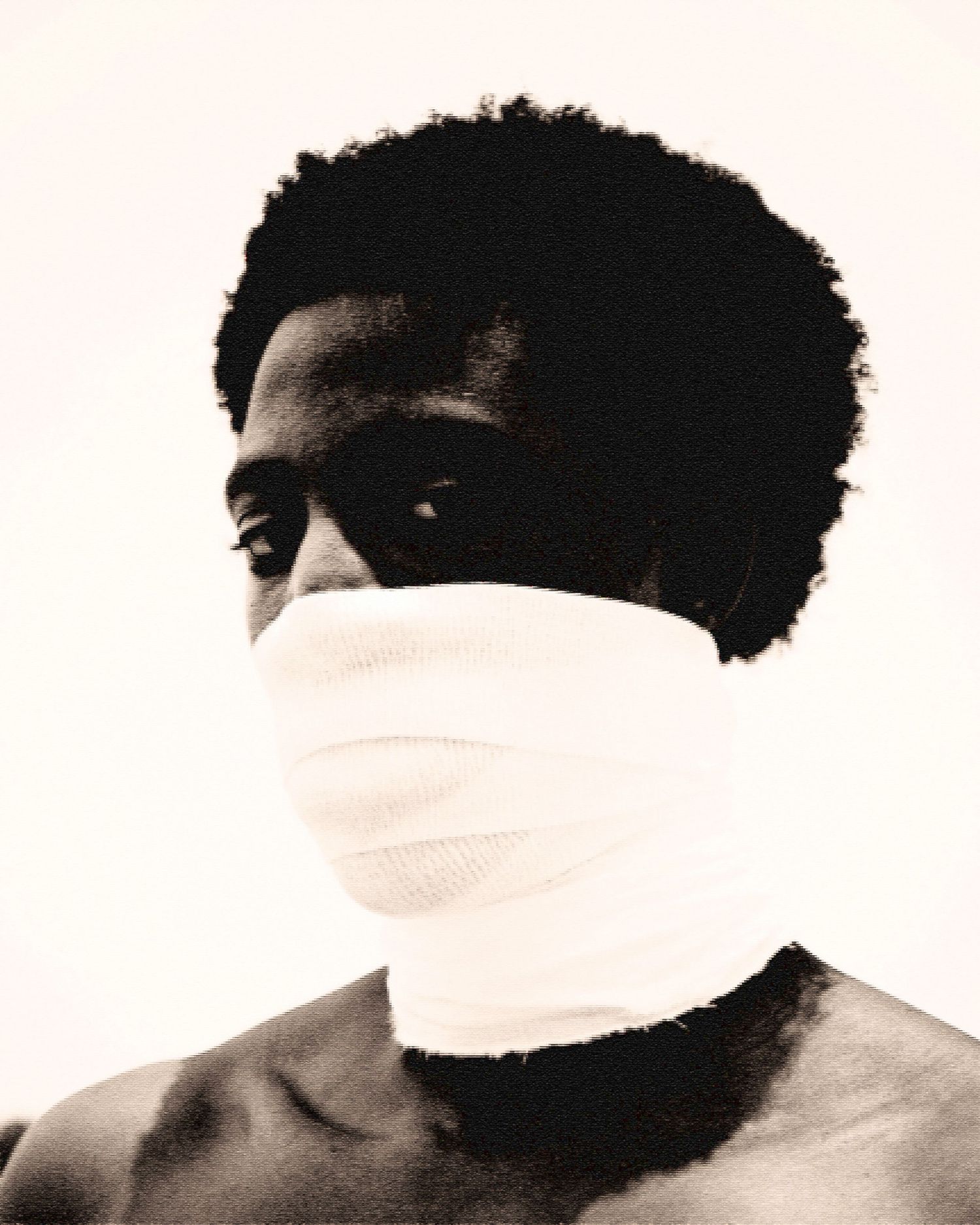 Minimalist high contrast portrait series with white fabric creating dramatic shadows.