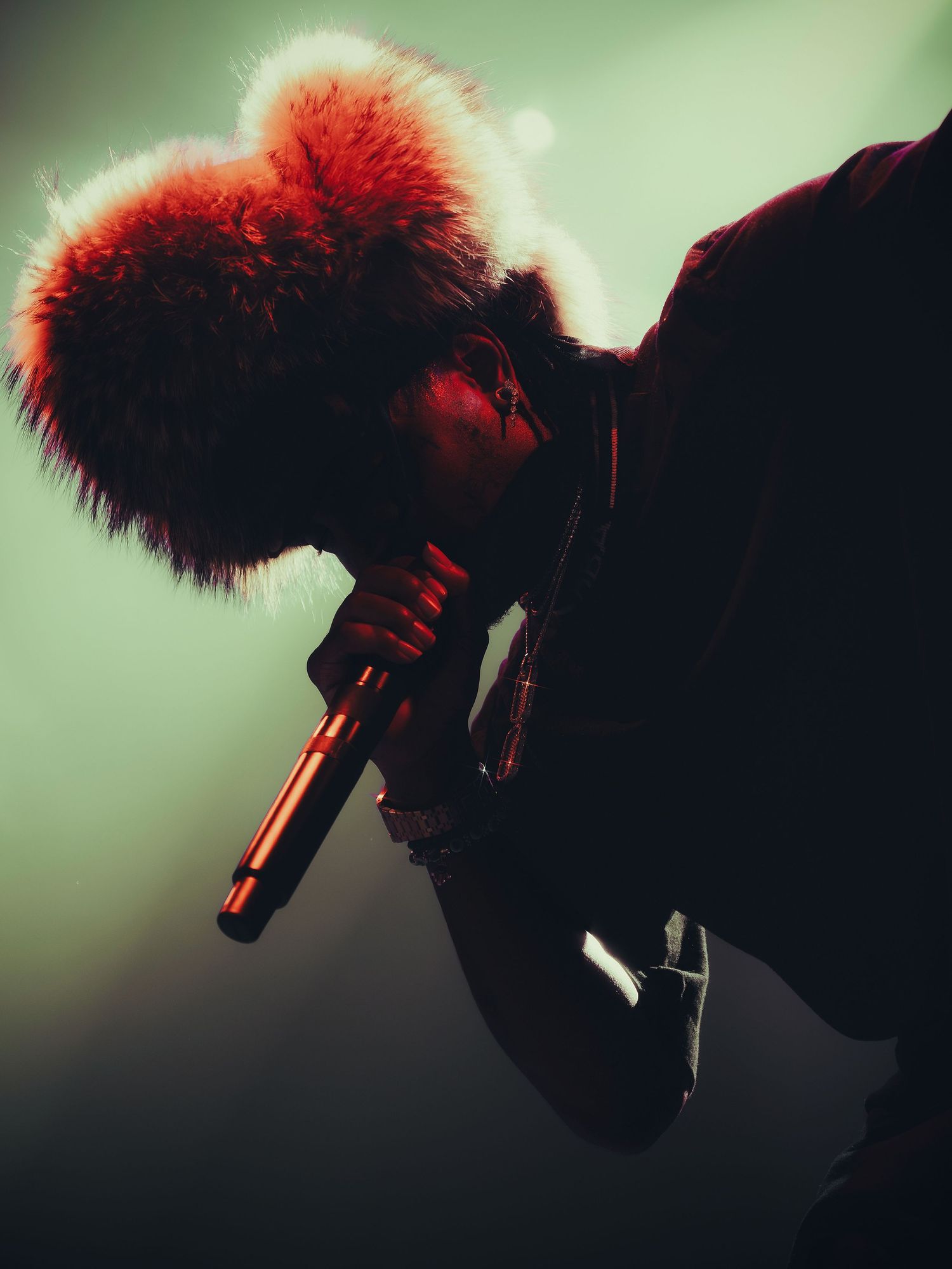 Silhouette of performer with bright red hair holding microphone against green background.