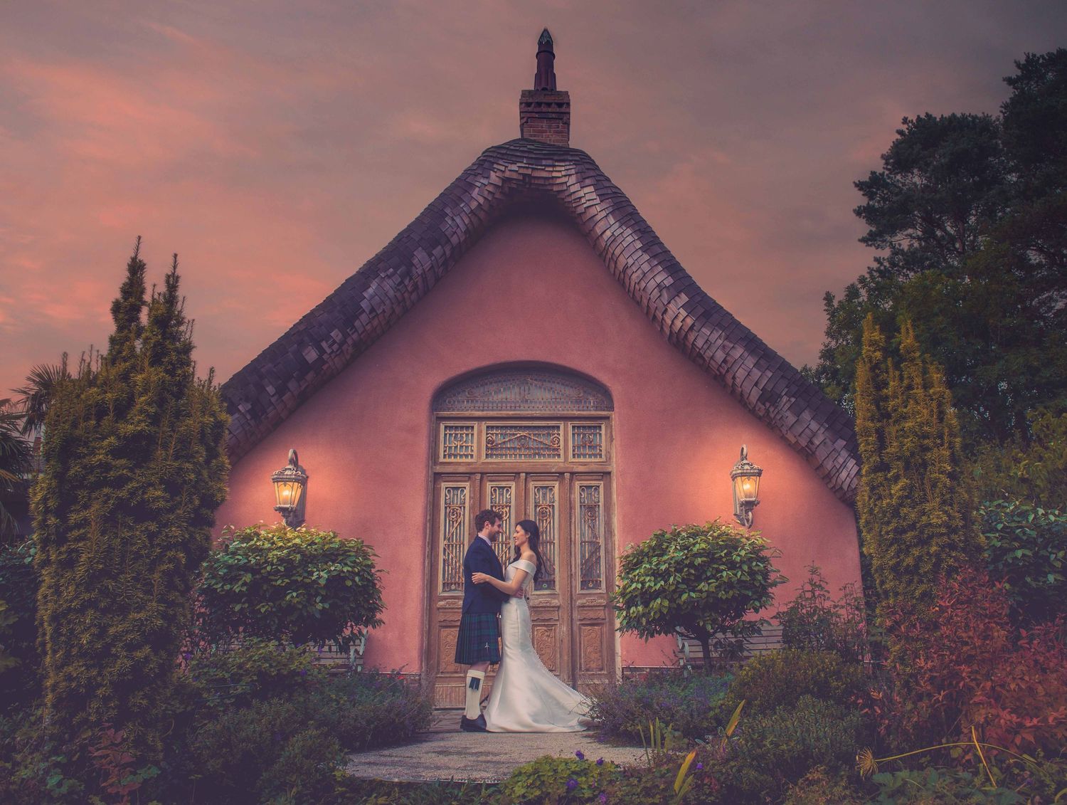 Sunset photo by relaxed professional wedding photographer at Le Petit Chateau in Northumberland