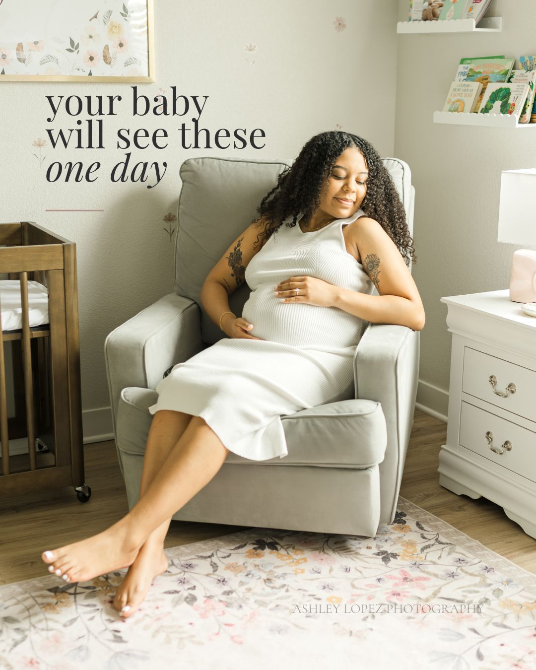 Kansas City maternity photos in nursery setting with mom sitting in soft neutral space