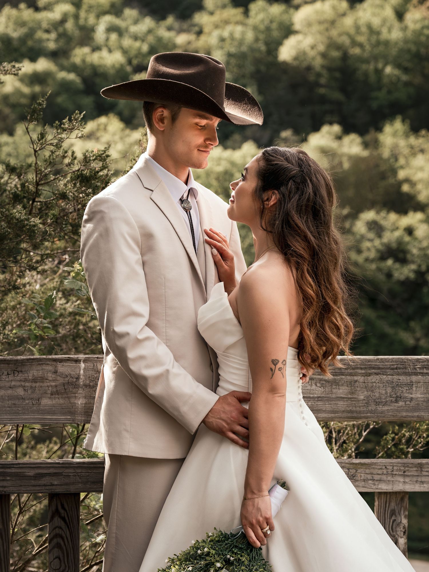 Cinematic outdoor wedding portrait at Roaring River State Park