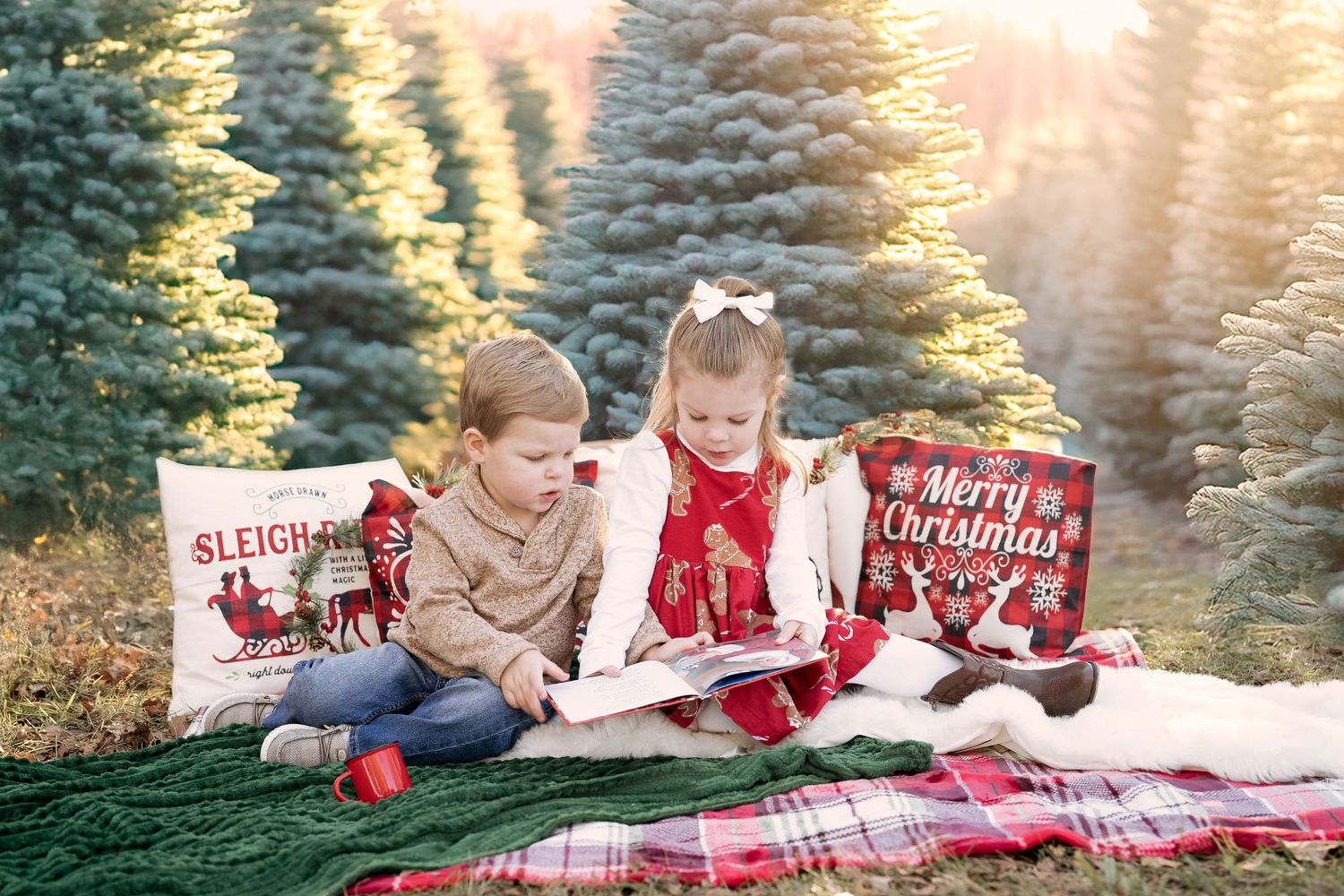 A young boy and girl sit together on a festive blanket, reading a Christmas storybook.