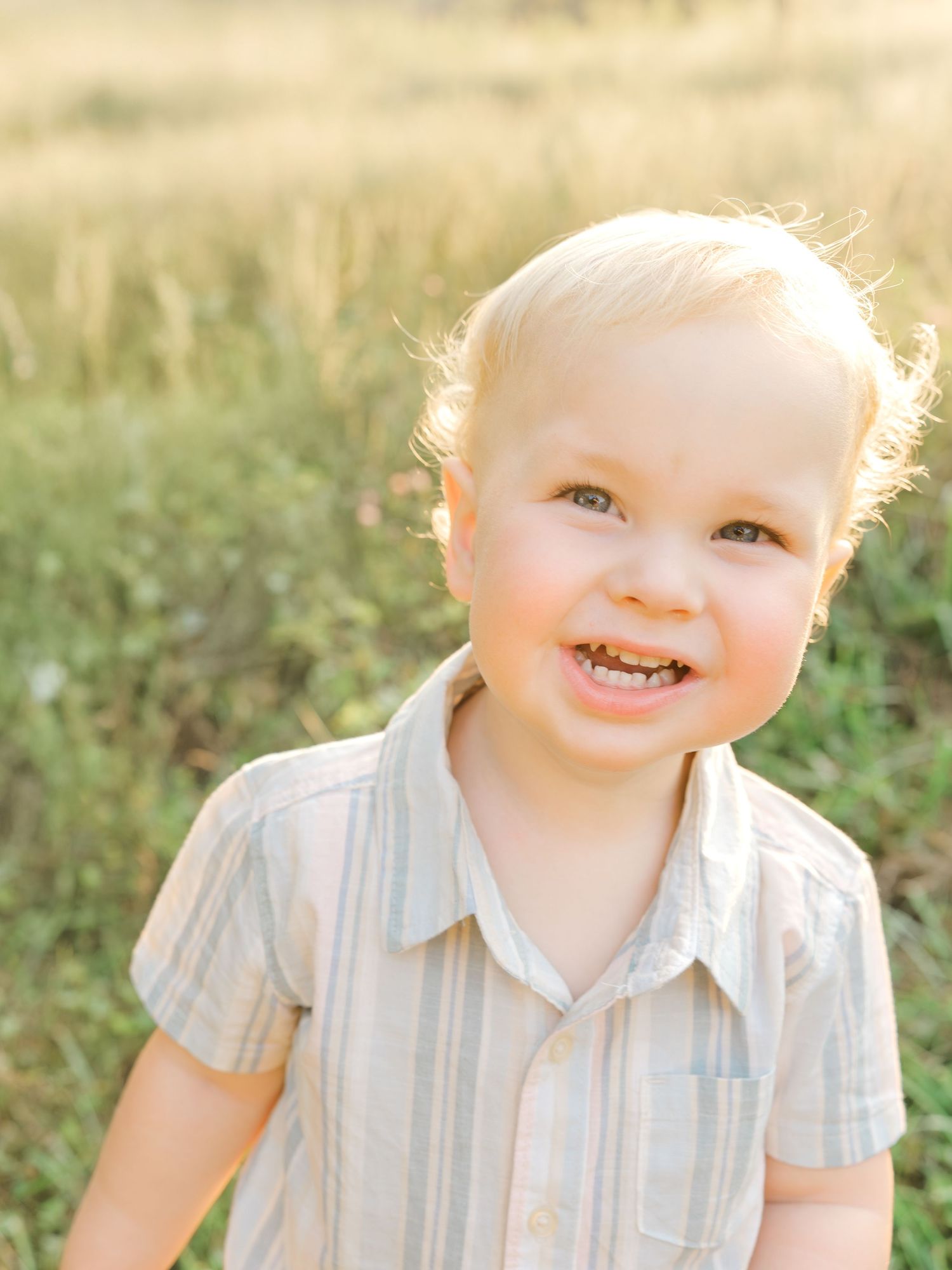 A smiling young boy during an outdoor family photo session in a grassy field at golden hour.