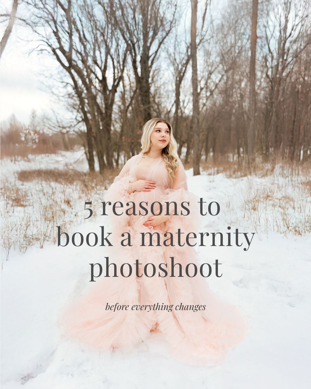 Kansas City maternity photographer outdoor winter session with flowing dress in snow