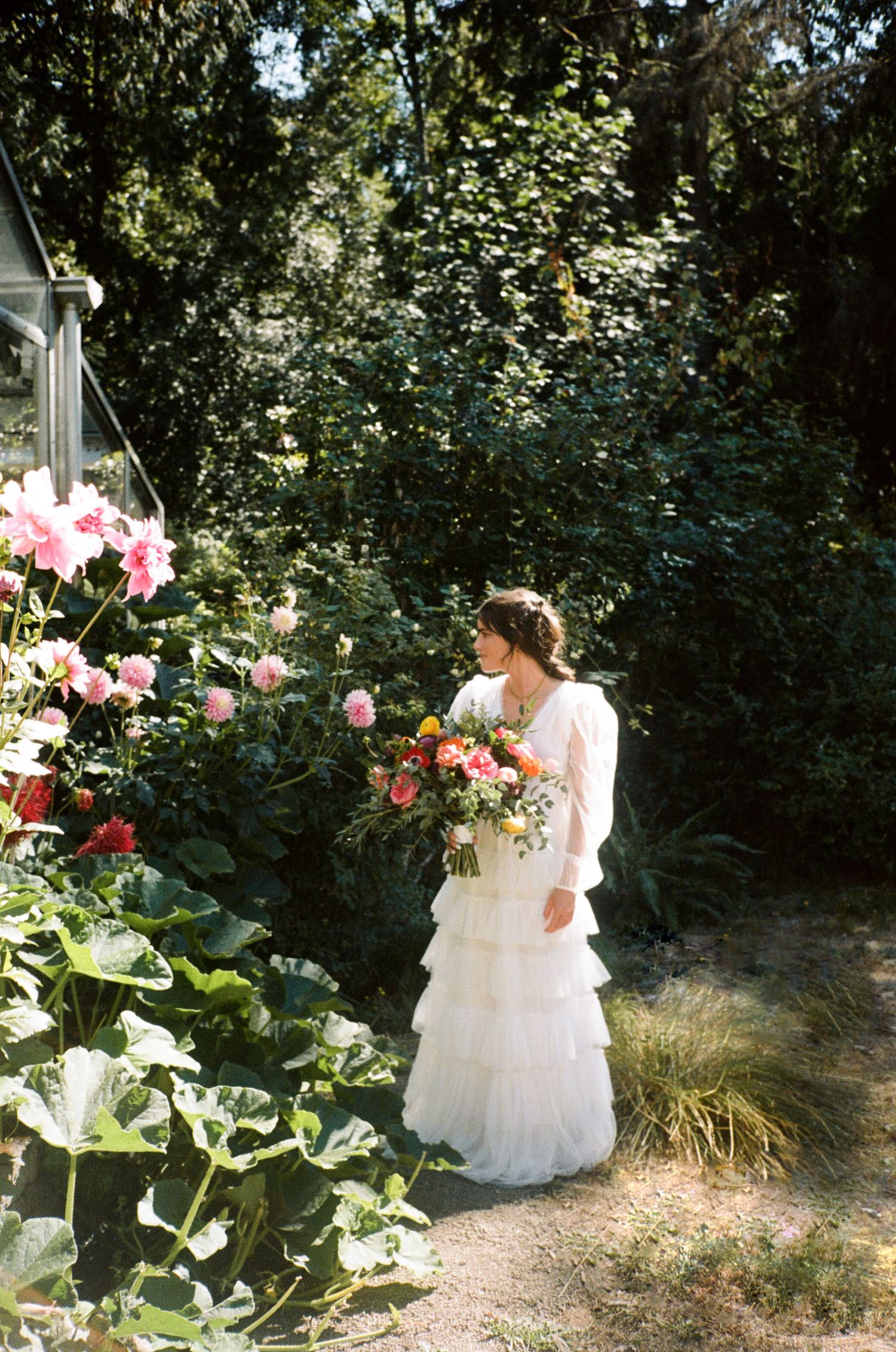 A bride in a flowing white dress walks through a garden path surrounded by blooming pink roses in Los Angeles, CA.