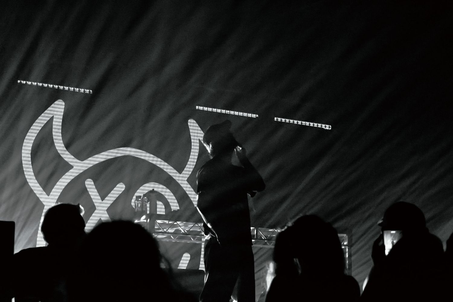 Silhouetted performer on dark stage with glowing Viking logo light display and crowd in foreground.