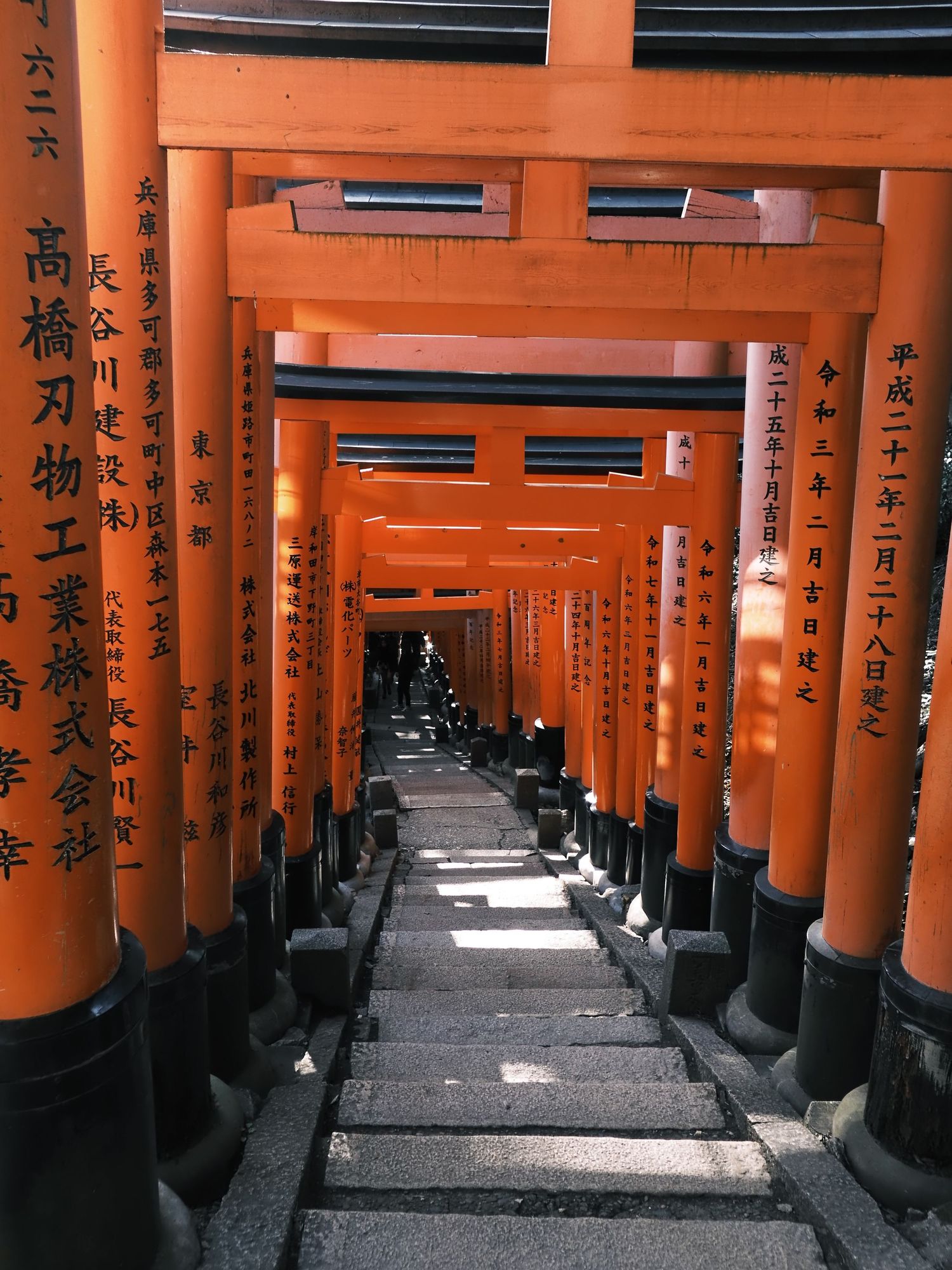 Rows of vibrant orange torii gates with Japanese inscriptions at Fushimi Inari shrine Kyoto.