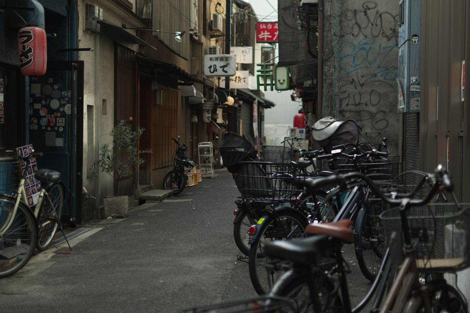Bicycles parked along a narrow alley in Japan with lanterns and graffiti-covered walls.