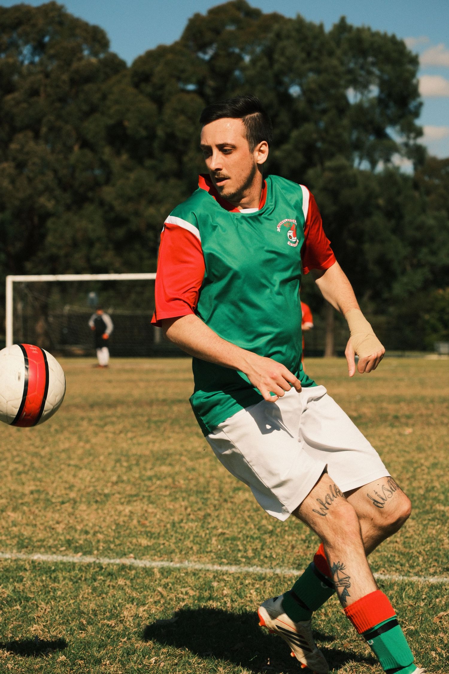 Soccer player in green and red jersey kicking a ball on a grass field with a goal post in the background.