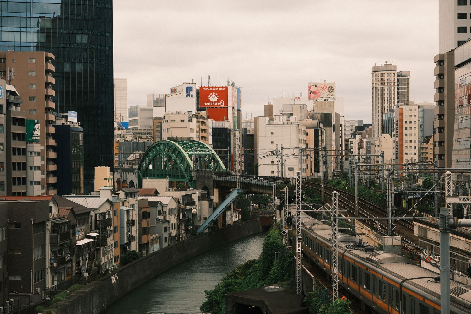 Aerial view of Tokyo cityscape with a green bridge over a canal and train on elevated tracks.