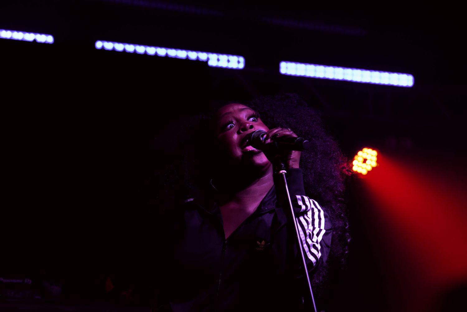 Female vocalist sings passionately into microphone on stage under red and purple stage lighting.