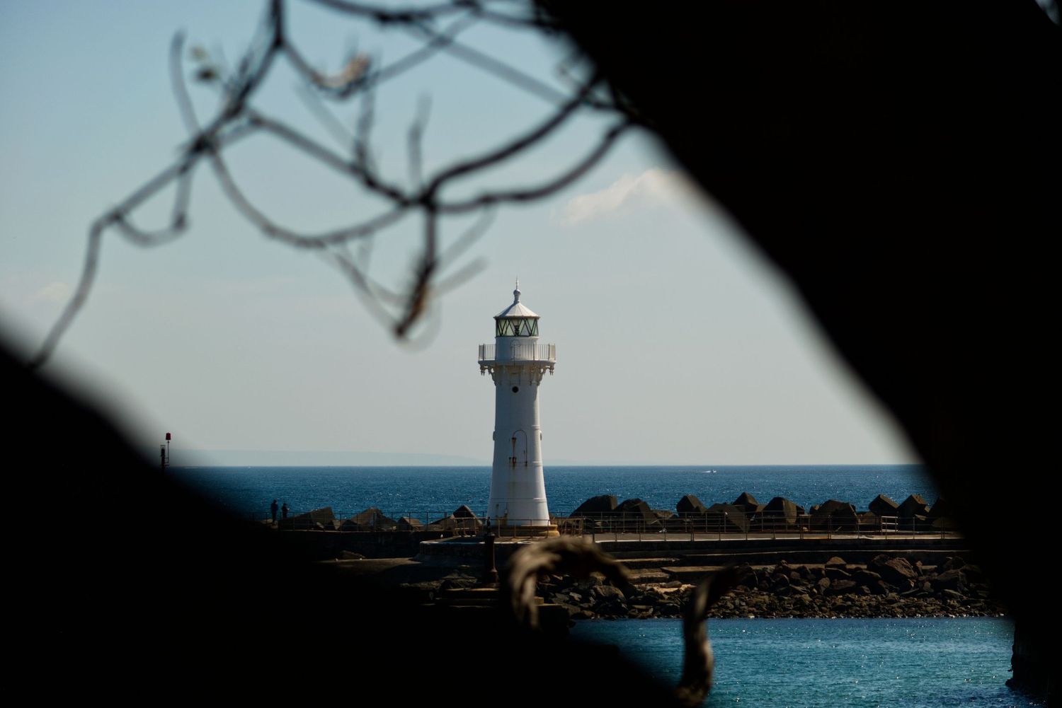 White lighthouse framed by dark tree branches overlooking a rocky breakwater and calm blue sea.