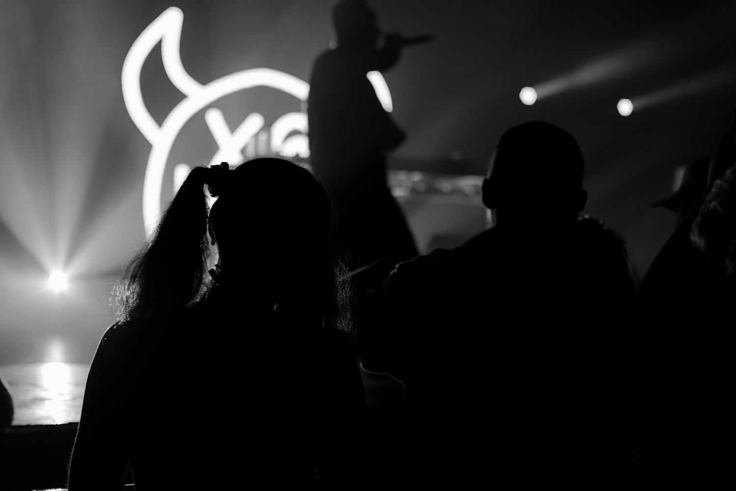 Silhouetted concert crowd watches performer on stage with bright neon logo backdrop.