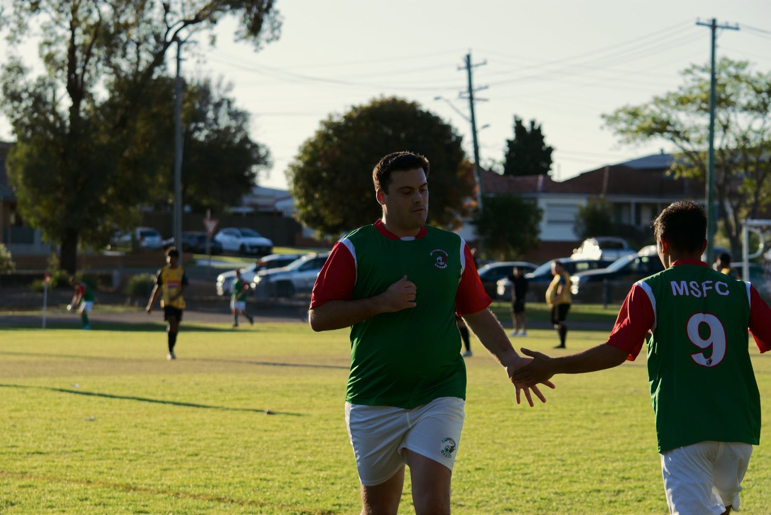 Two soccer players in green and red jerseys celebrate on a grass field during a match.