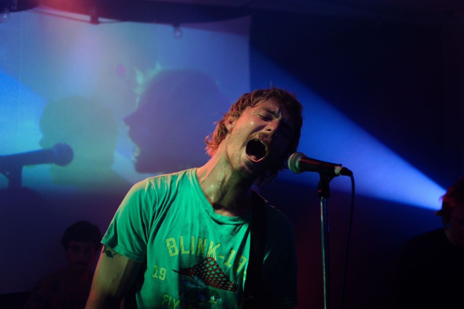 A passionate male vocalist in a green Blink-182 t-shirt singing with mouth wide open under blue stage lighting.