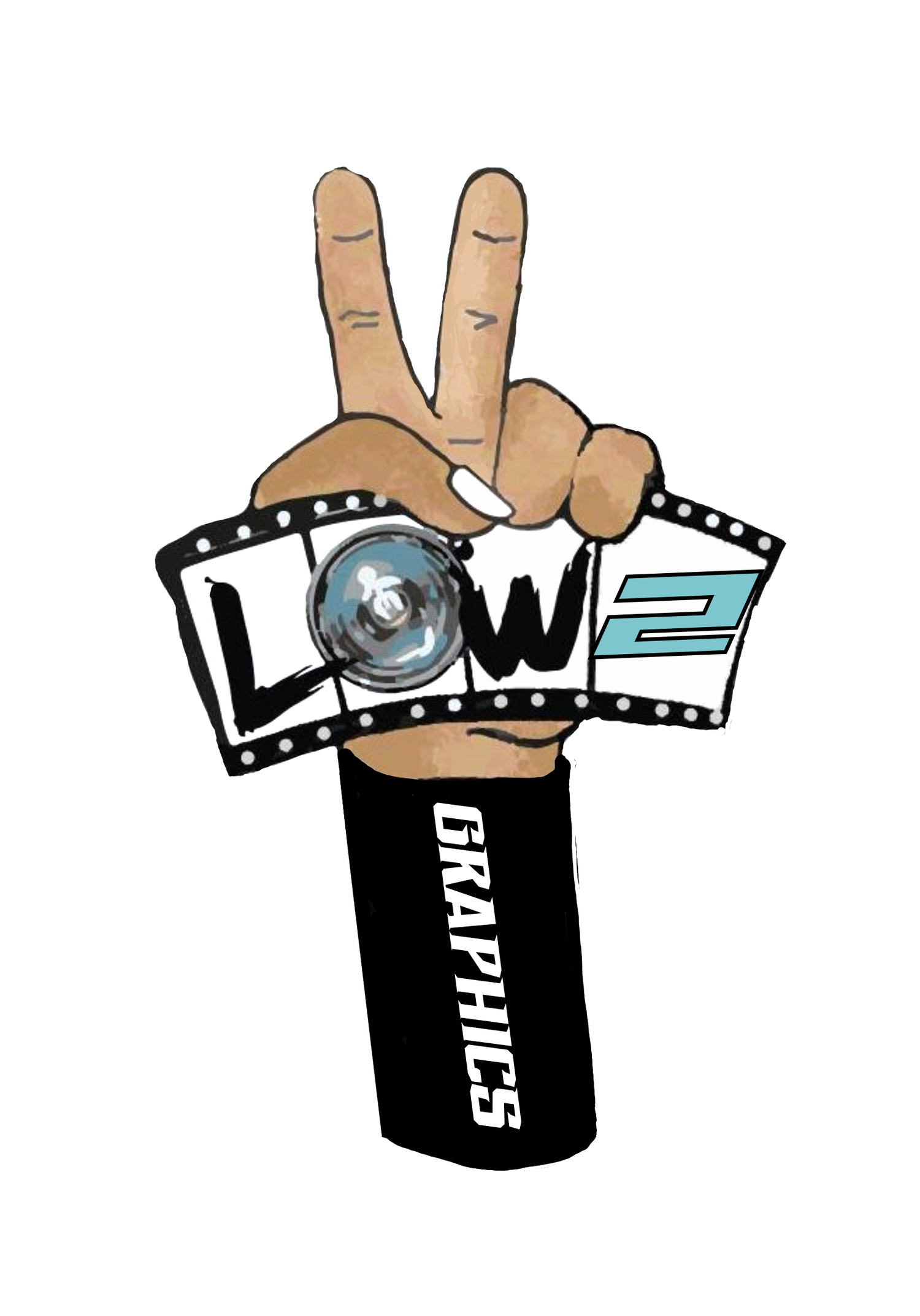 2Low Graphics logo featuring a hand making a peace sign holding a film strip with camera.