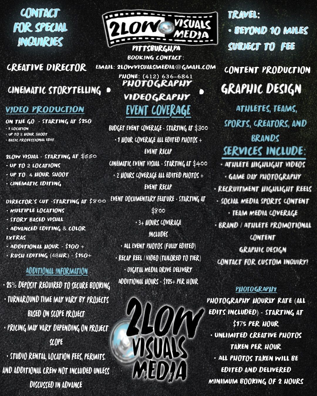 2Low Visuals Media Pittsburgh pricing and services flyer for photography and videography.