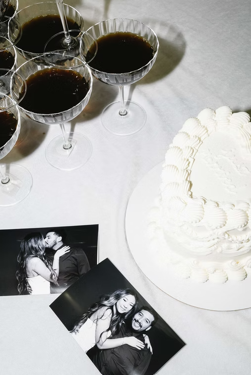 Printed photos with cake and espresso martinis.
