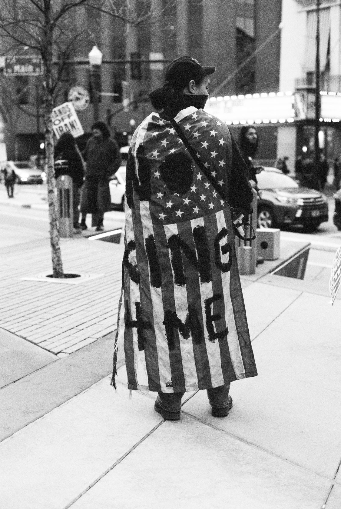 Protester. No Kings. T-max 3200 Black and White film. Boise, Idaho