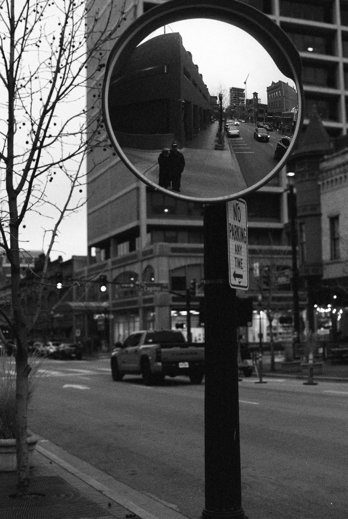 Self and boyfriend. T-max 3200 Black and White Film photo. Boise downtown